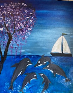 Delfiner i havet akrylmålning av Lisbeth Ericsson