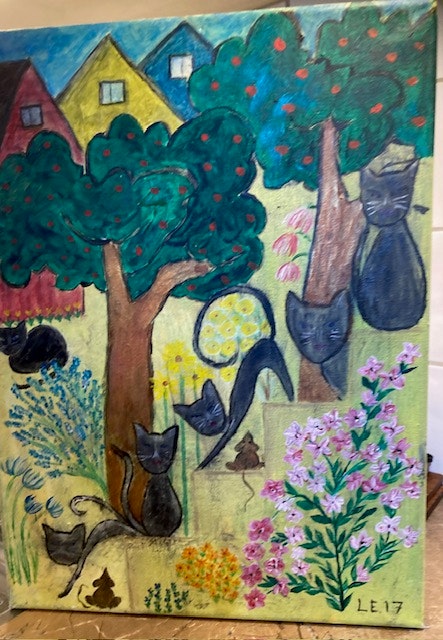 Cats on the stair akrylmålning av Lisbeth Ericsson