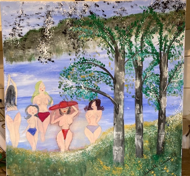 Badande kvinnor vid insjö målad av amatörkonstnär LISBETH ERICSSON