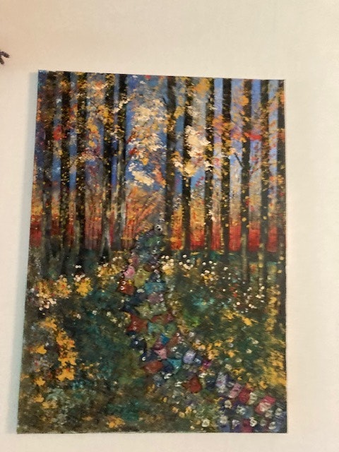 Höstmarsch - Höstskog  med katter, akrylmålning på canvas målad av LISBETH ERICSSON