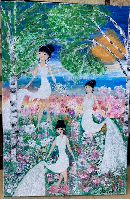 Handmålad akryl-tavla med sommarmotiv Dansande sommarflickor Strl 40 x 60 cm Ljusa vackra färger. Målad av Lisbeth Ericsson