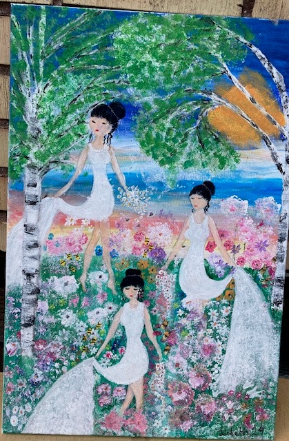 Dansande sommarflickor handmålad akryltavla målad av Lisbeth Ericsson Strl 40 x 60 cm