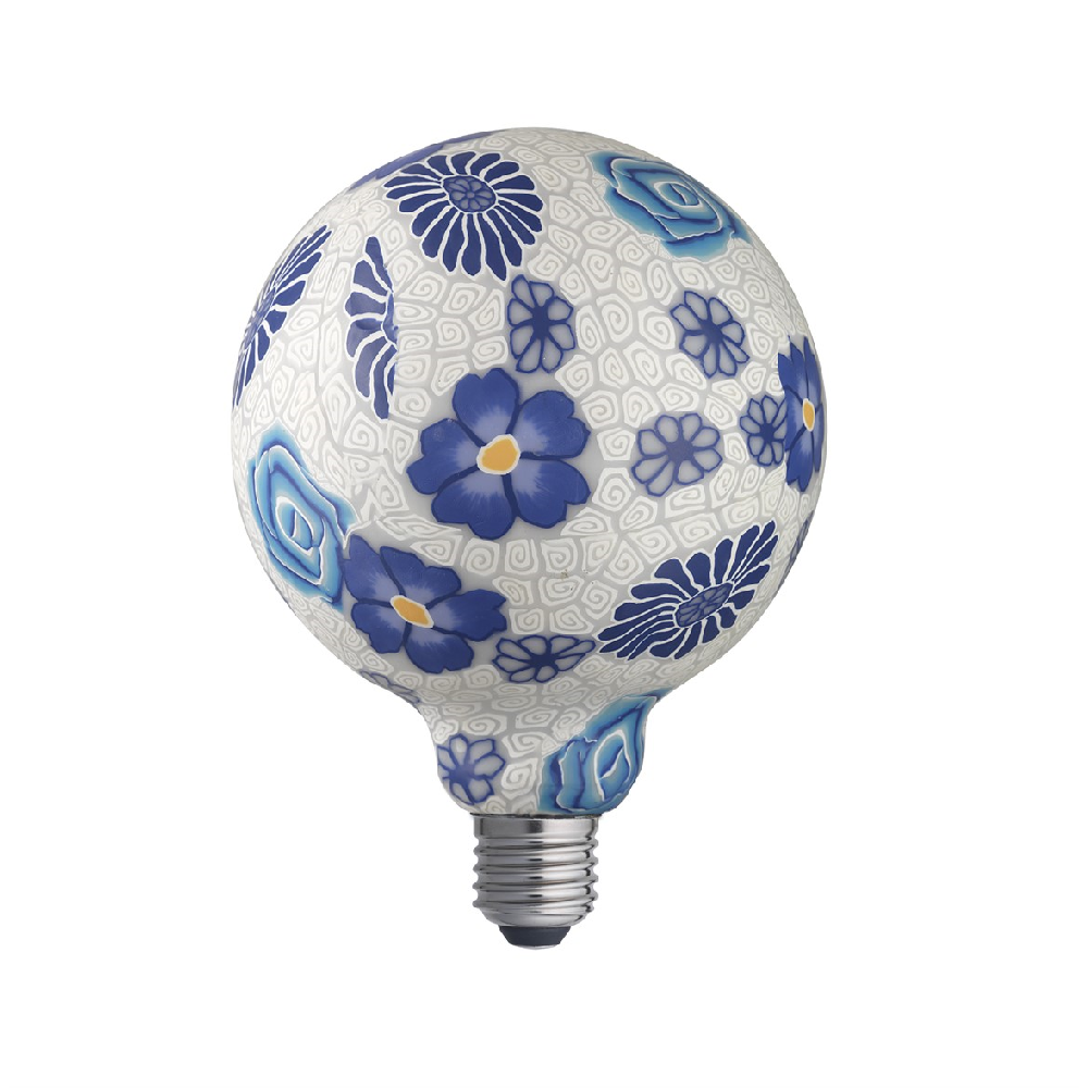 FLOWER BLUE - dimbar LED globljuskälla 125 mm med grafiskt blått blommönster, klicka & läs mer - 15% tom söndag = 166 kr!