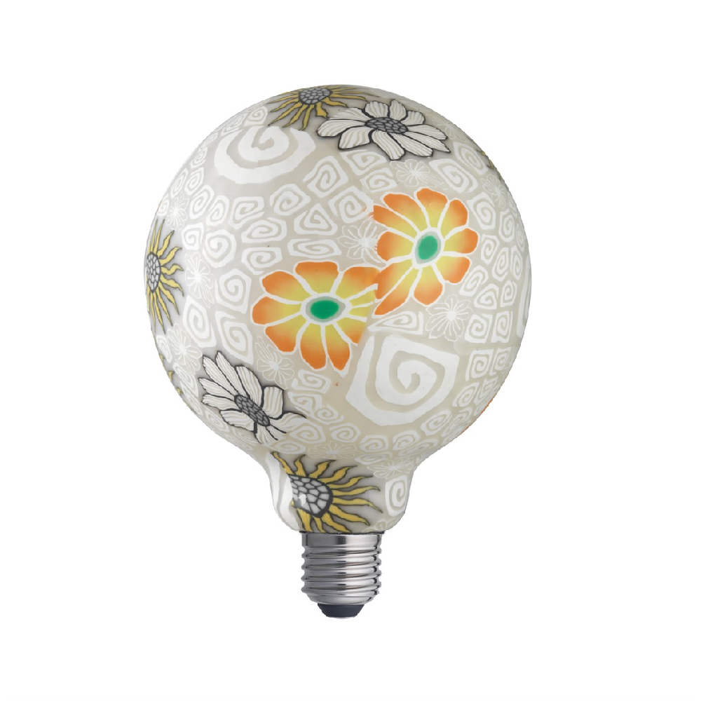 FLOWER GREY - dimbar LED globljuskälla 125 mm med grafiskt ljust blommönster, klicka & läs mer