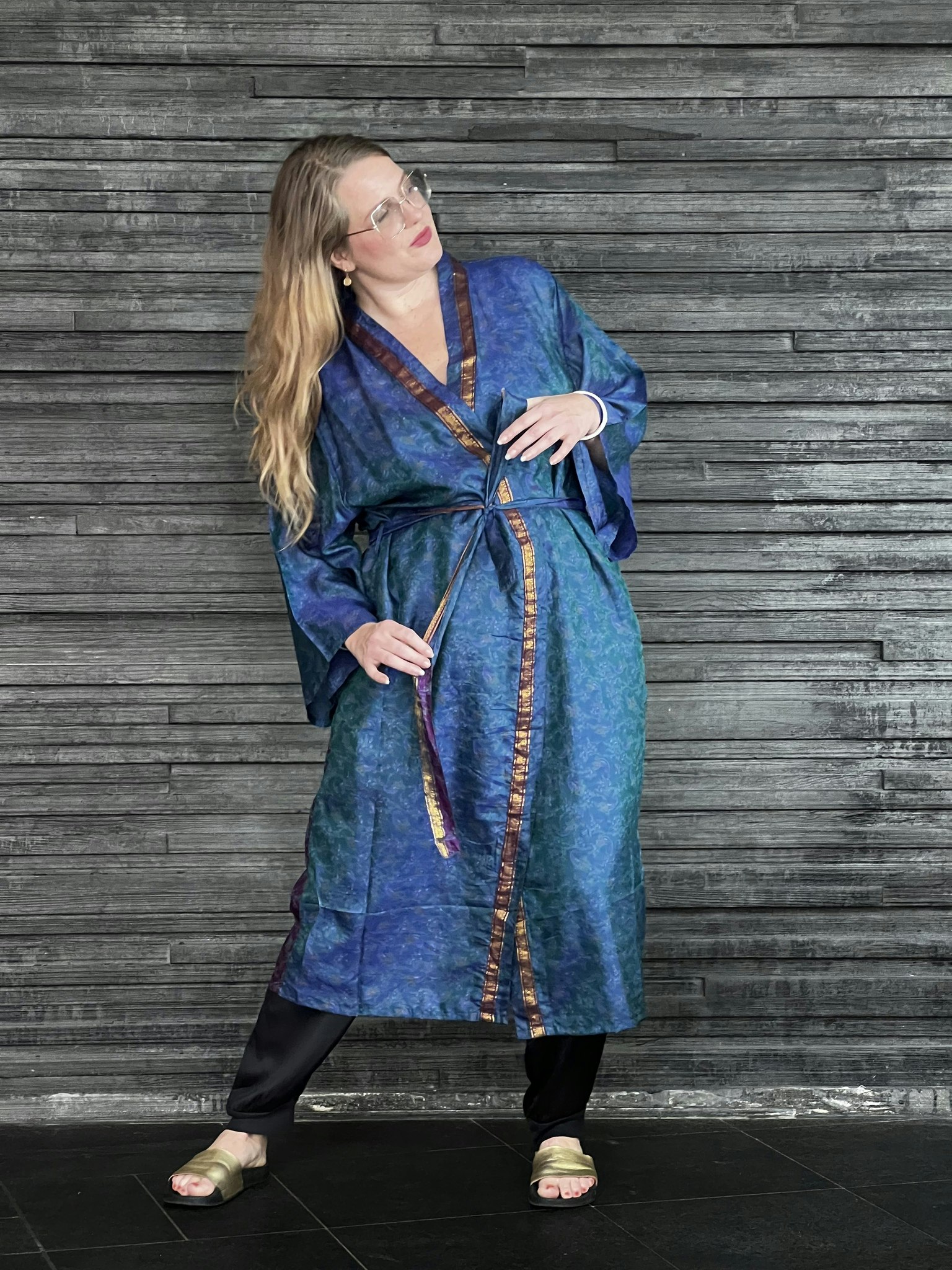 RECYKLAD SIDEN KIMONO PEACOCK