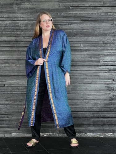 RECYKLAD SIDEN KIMONO PEACOCK