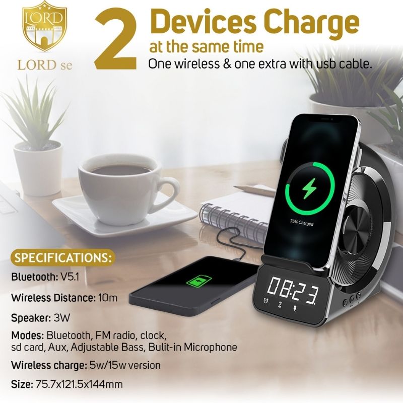 WD-200 Bluetooth Speaker Wireless Charger Digital Alarm Clock Radio