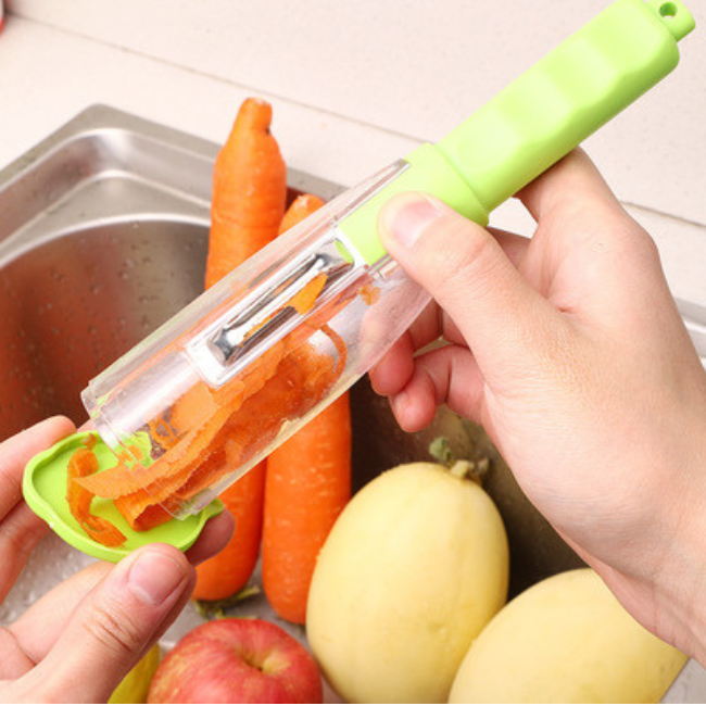 Fruit and vegetable peeler metal knife with container