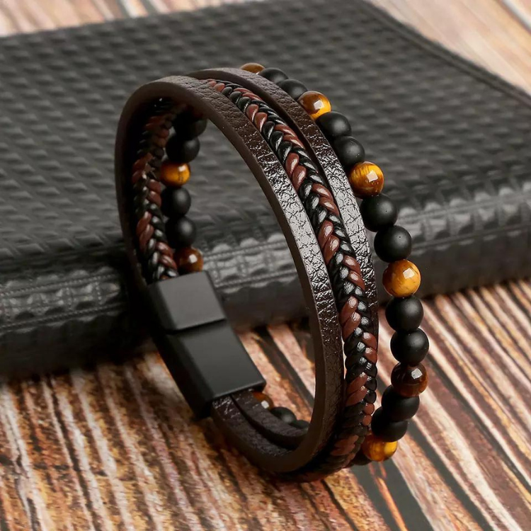 Leather bracelet for men with Tiger's eye stone