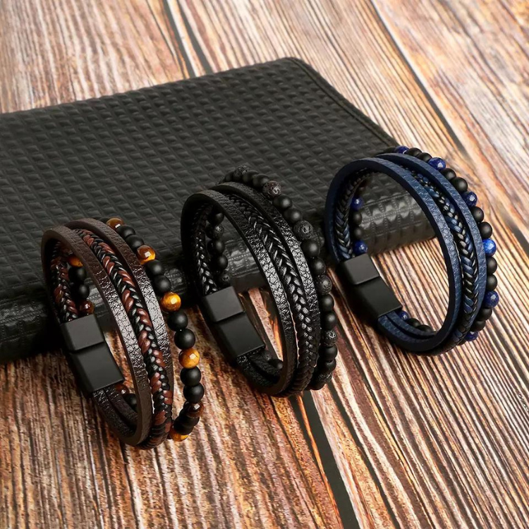 Leather bracelet for men with Tiger's eye stone