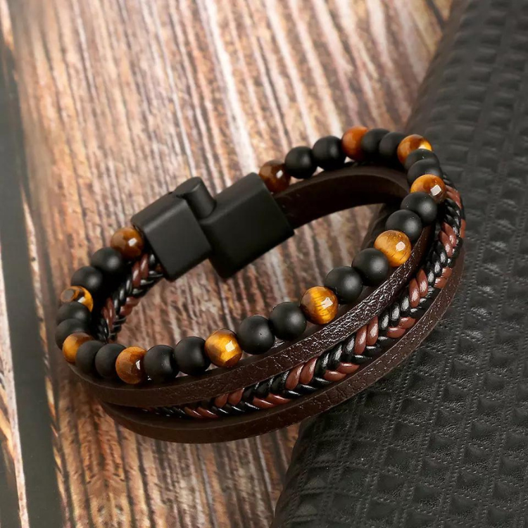 Leather bracelet for men with Tiger's eye stone