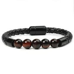 Woven leather bracelet for men with natural tiger eye stones