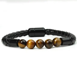 Woven leather bracelet for men with natural tiger eye stones