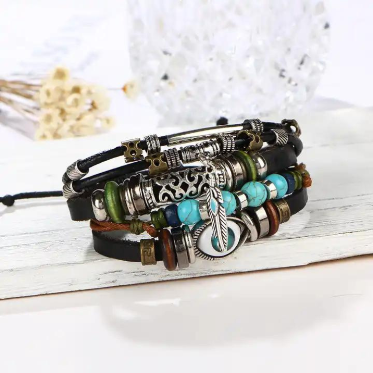 Woven braided leather bracelet with turquoise stones and blue eyes