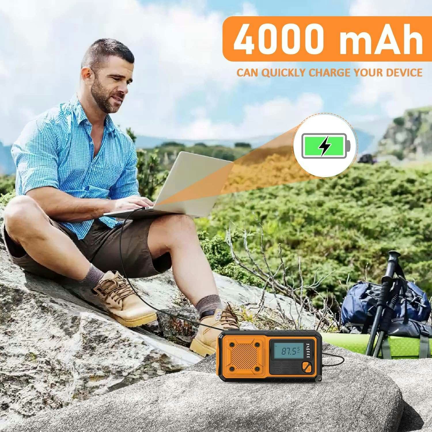 DAB+/FM Nöd Digital Campingradio med Li-Ion Batteri, Solpanel, Handvev, SOS, Ficklampa, Trådlös, Telefonladdare