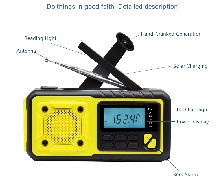DAB+/FM Nöd Digital Campingradio med Li-Ion Batteri, Solpanel, Handvev, SOS, Ficklampa, Trådlös, Telefonladdare
