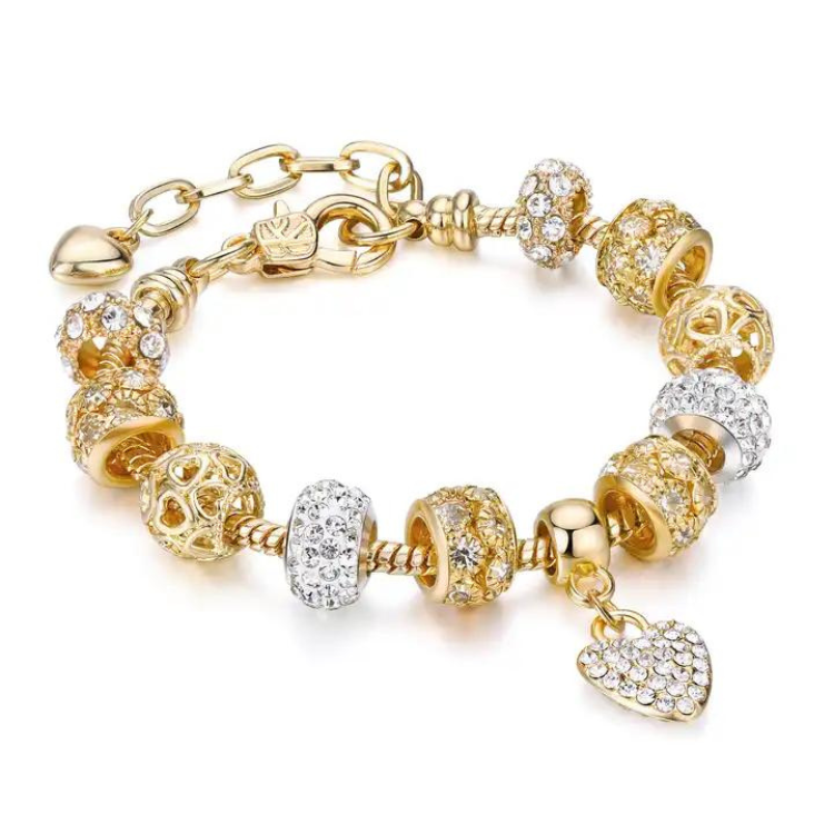 Love Heart Smycken Berlock Armband för kvinnor Crystal Golden Beads