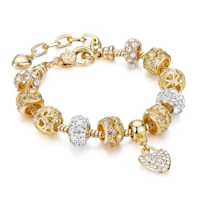 Love Heart Smycken Berlock Armband för kvinnor Crystal Golden Beads
