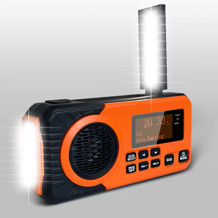 DAB+/FM digital nödradio med inbyggt Li-Ion batteri, solpanel/dynamo, LED-lampor och Bluetooth