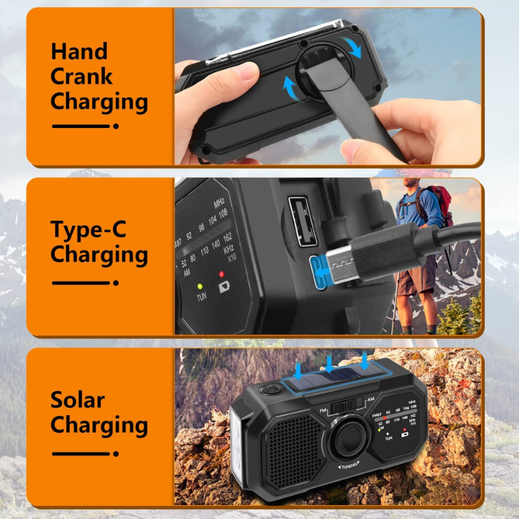 3-i-1 vevradio med solcell och powerbank 2500mAh