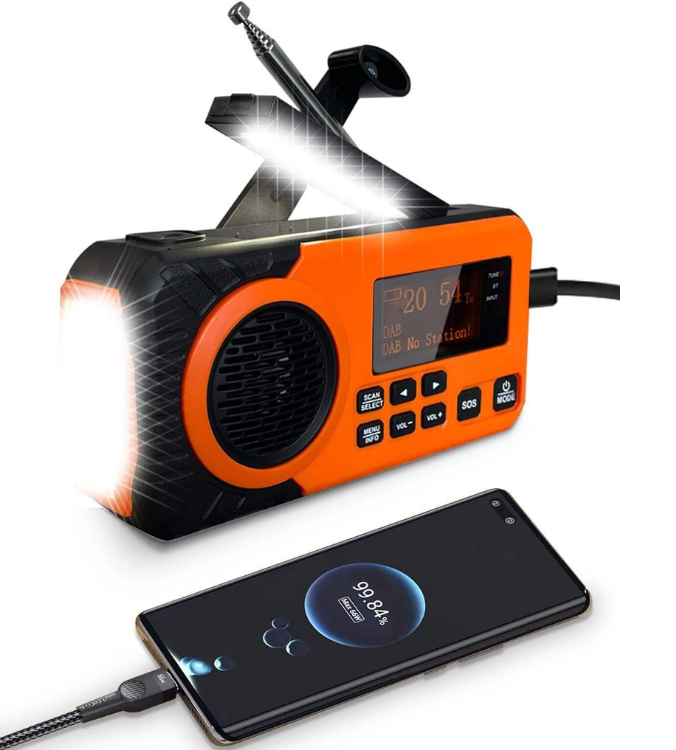 DAB+/FM digital nödradio med inbyggt Li-Ion batteri, solpanel/dynamo, LED-lampor och Bluetooth