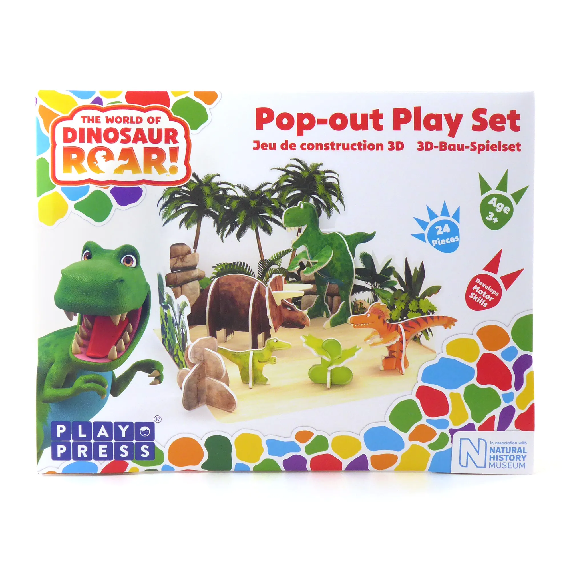 förpackning som visar playpress dinosaurier lekset bygg ihop