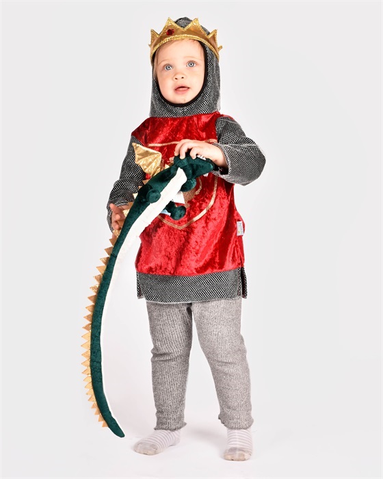 pojke i riddarkläder som håller i ett gosedjur som är en drake