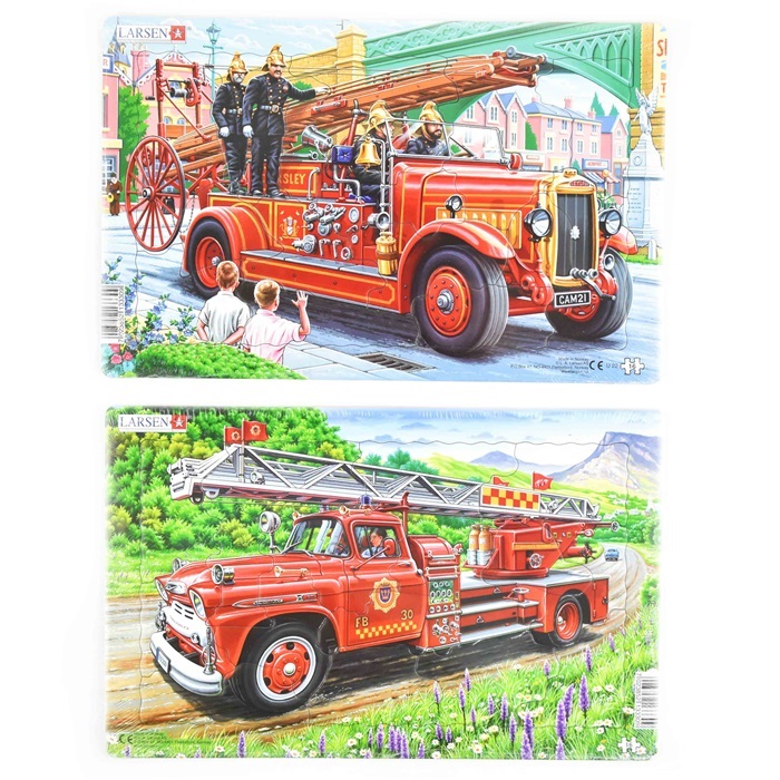 pussel av kartong med retro brandbilar och brandmän