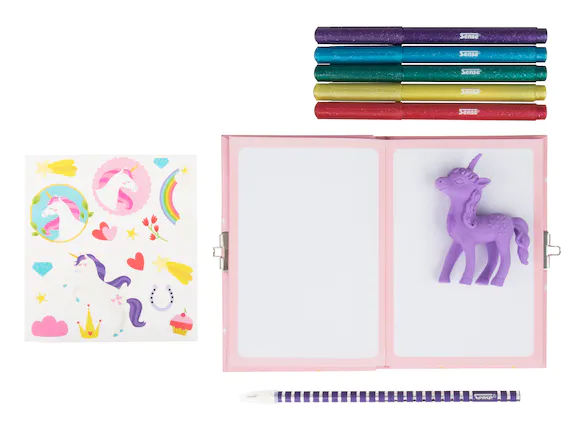 set med dagbok, glitterpennor, suddgummi och klistermärken i unicorns