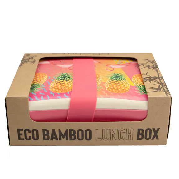 ekologisk matlåda i bambu med flamingo och ananas motiv