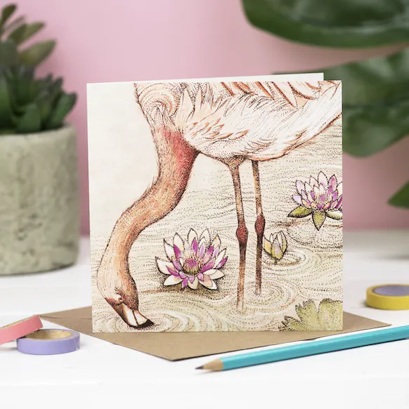 dubbelt gratulationskort med motiv av en flamingo