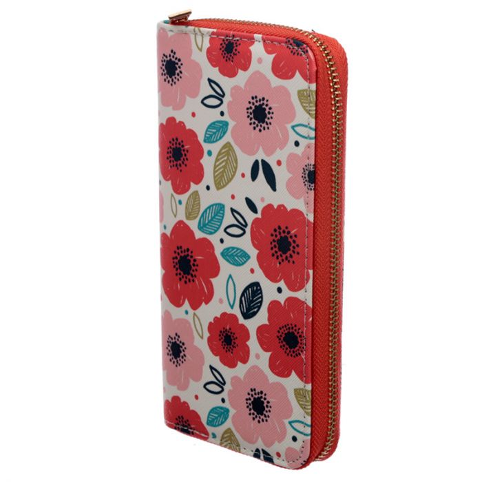 stor plånbok med dragkedja och blommigt mönster