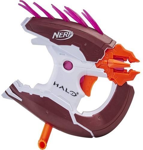 Vit Halo NERF pistol med lila och orange detaljer