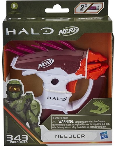 Vit Halo NERF pistol med lila och orange detaljer, i kartong