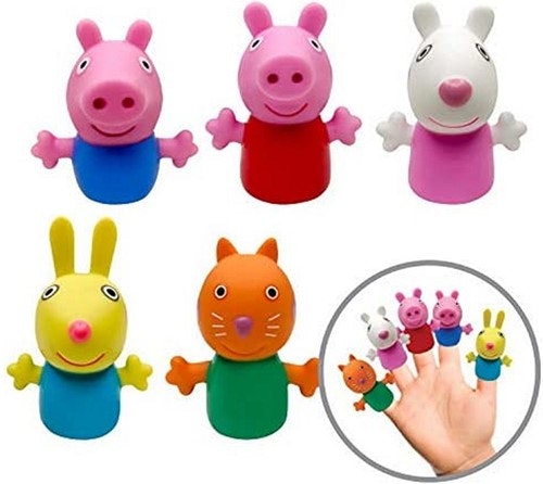 fem stycken Peppa Pig fingerdockor; Greta Gris, Georg och deras vänner