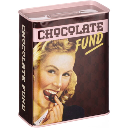 Retro Sparbössa i plåt med texten Chocolate Fund