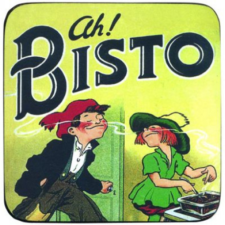 Charmiga glasunderlägg med retro stil och texten "Ah Bisto".