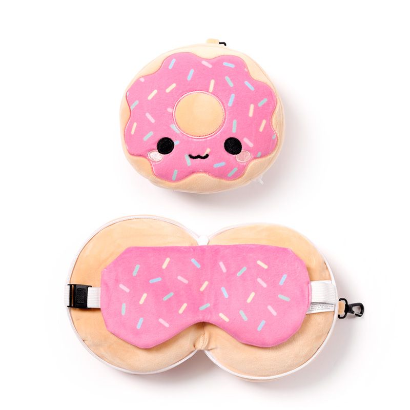 Relaxeazzz Adorasnacks Donut: Rund Plysch Resekudde & Ögonmask, rosa