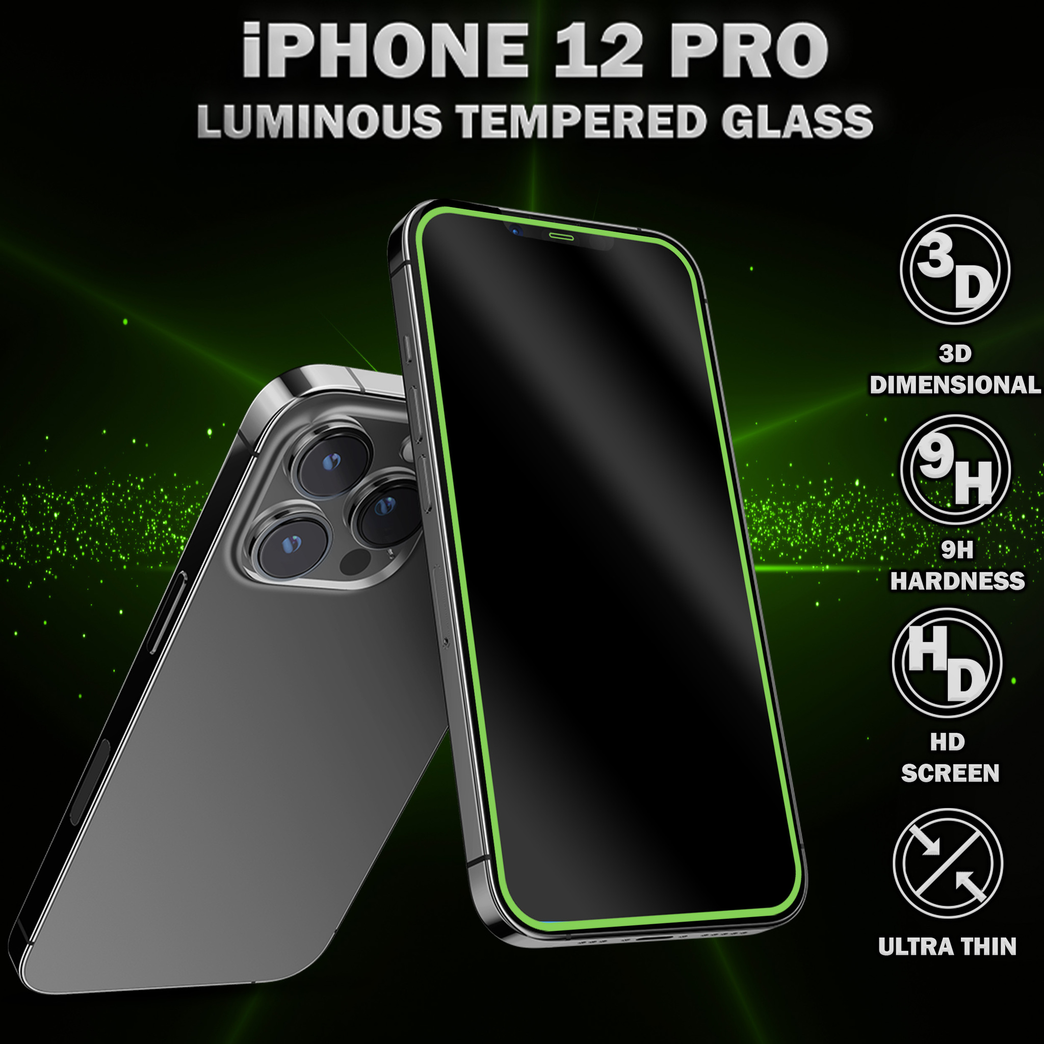 Kopia Kopia 1-Pack Självlysande Skärmskydd For iPhone 12 Pro - Härdat Glas 9H - Super Kvalitet 3D