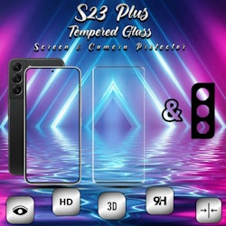 1-Pack Samsung S23 PLUS Skärmskydd & 1-Pack linsskydd - Härdat Glas 9H - Super kvalitet 3D