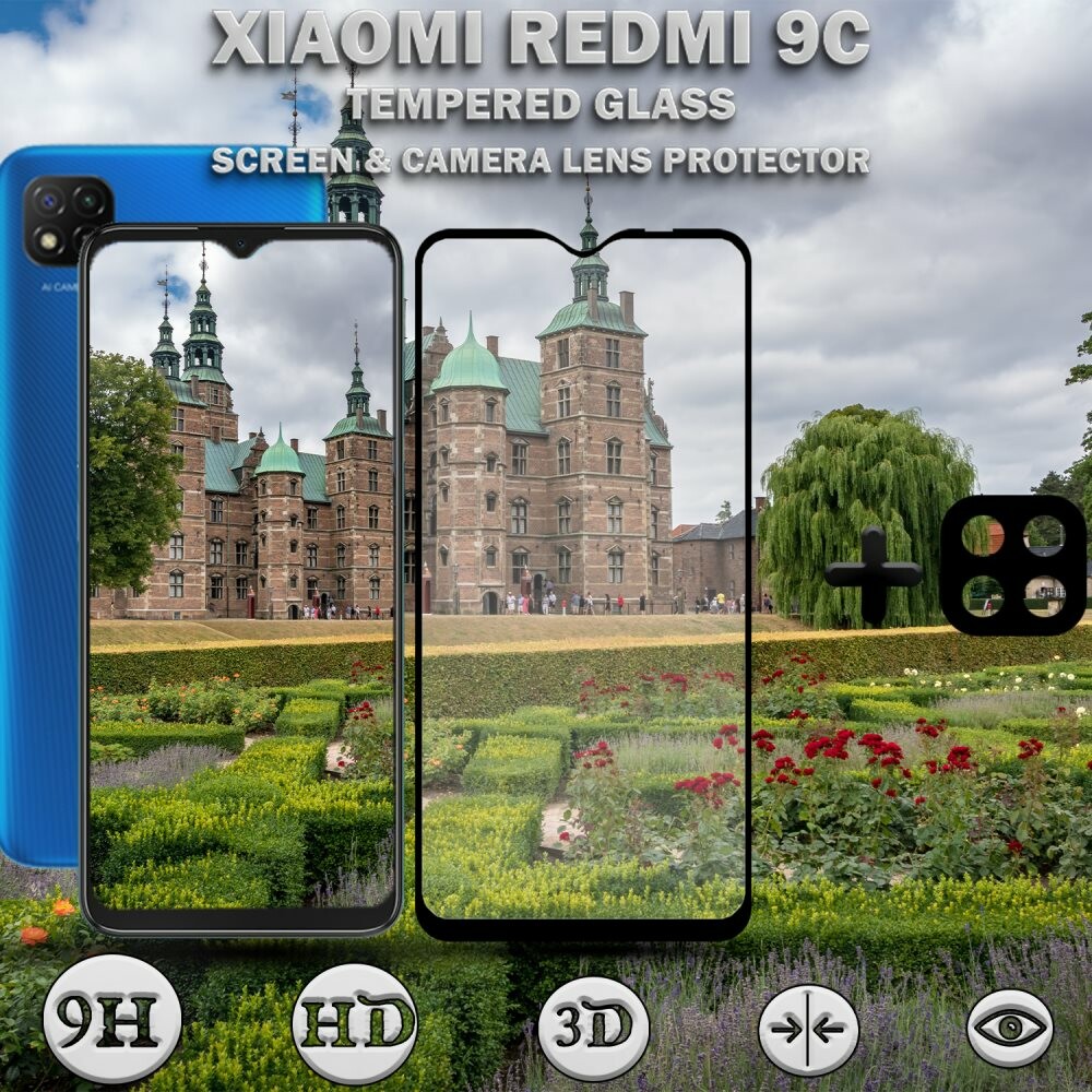 1-Pack Xiaomi Redmi 9C Skärmskydd & 1-Pack linsskydd - Härdat Glas 9H - Super kvalitet 3D