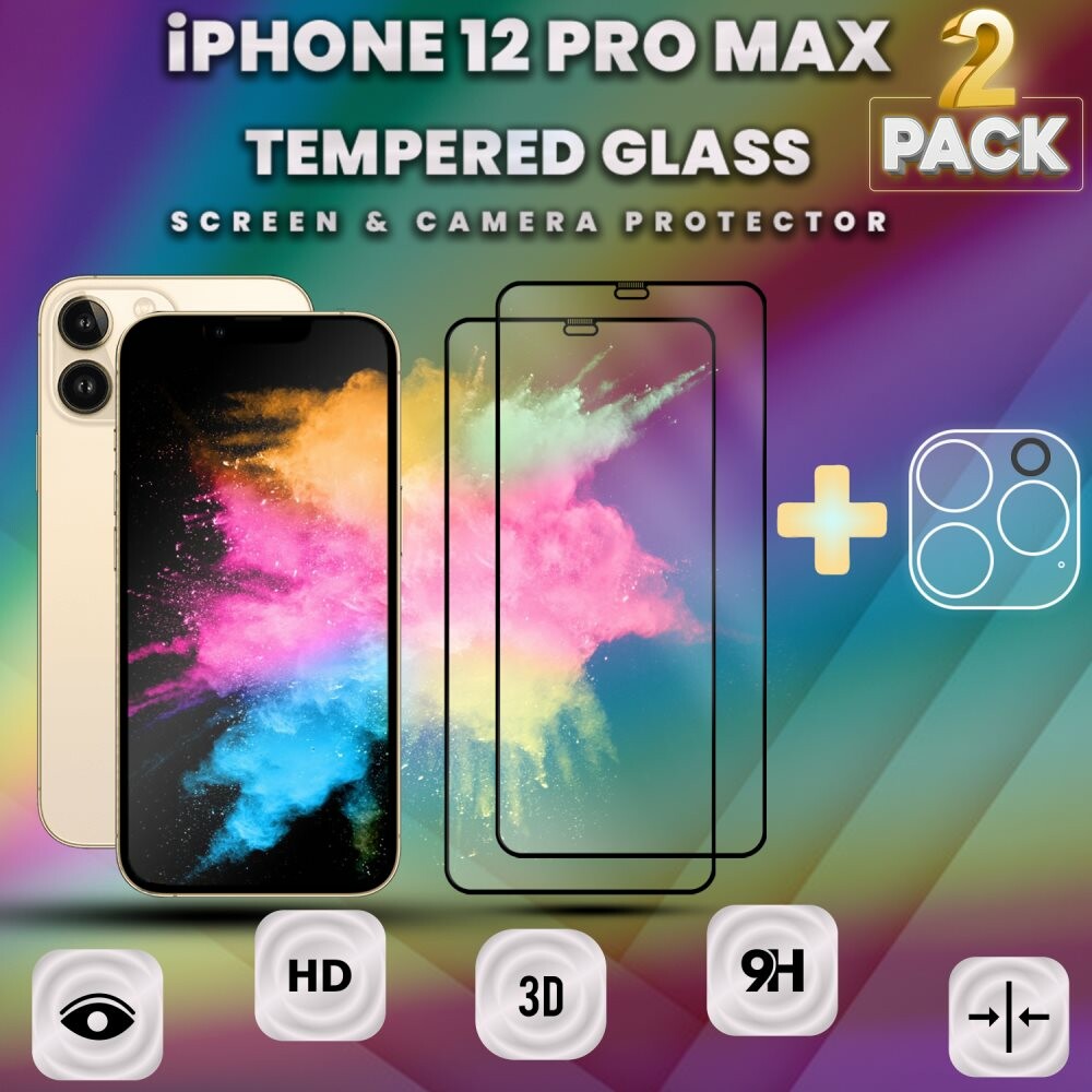 2-Pack iPhone 12 Pro Max -Skärmskydd & 1-Pack linsskydd- 9H Glas
