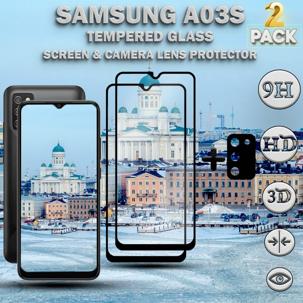 2-Pack Samsung A03s Skärmskydd & 1-Pack linsskydd - Härdat Glas 9H - Super kvalitet 3D