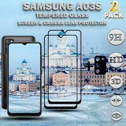 2-Pack Samsung A03s Skärmskydd & 1-Pack linsskydd - Härdat Glas 9H - Super kvalitet 3D