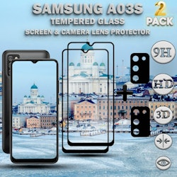 2-Pack Samsung A03s Skärmskydd & 2-Pack linsskydd - Härdat Glas 9H - Super kvalitet 3D