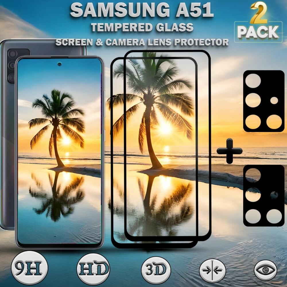 2-Pack Samsung A51 Skärmskydd & 2-Pack linsskydd - Härdat Glas 9H - Super kvalitet 3D