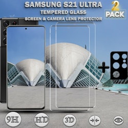 2-Pack Samsung S21 Ultra Skärmskydd & 1-Pack linsskydd - Härdat Glas 9H - Super kvalitet 3D