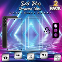 2-Pack Samsung S23 Plus Skärmskydd & 1-Pack linsskydd - Härdat Glas 9H - Super kvalitet 3D