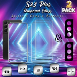 2-Pack Samsung S23 Plus Skärmskydd & 2-Pack linsskydd - Härdat Glas 9H - Super kvalitet 3D
