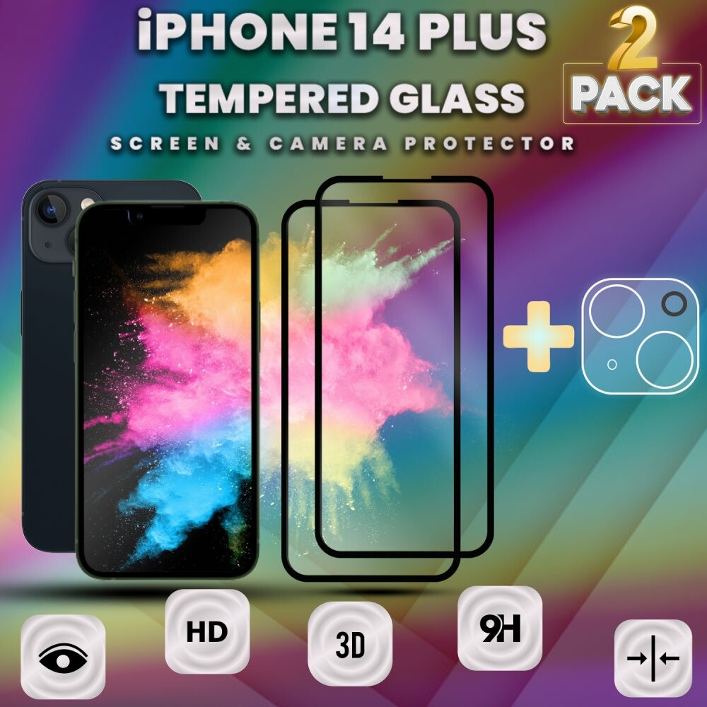 2 Pack iPhone 14 PLUS - skärmskydd & linsskydd - härdat glas 9H